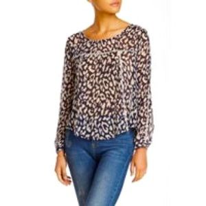NWT ASTR navy cream leopard sheer long sleeve lattice blouse M